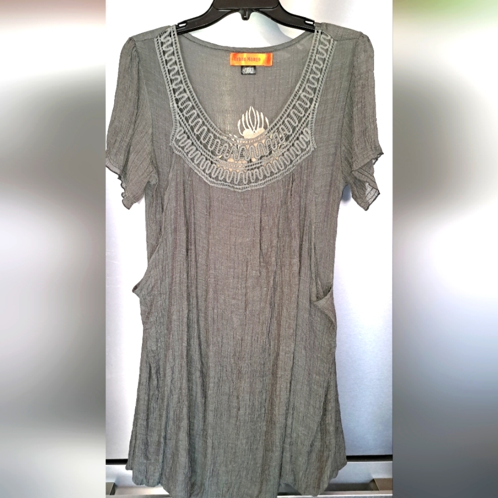 Urban Mango Steel Gray Balloon Dress w/Embroidery, Crochet, Pockets Med